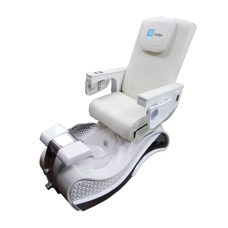 White pedicure chair with a visible brand logo on a white background